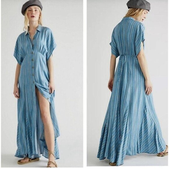 Free People Dresses & Skirts - Free People Women Rowan Striped Blue Button Front Maxi Dress Small  $128